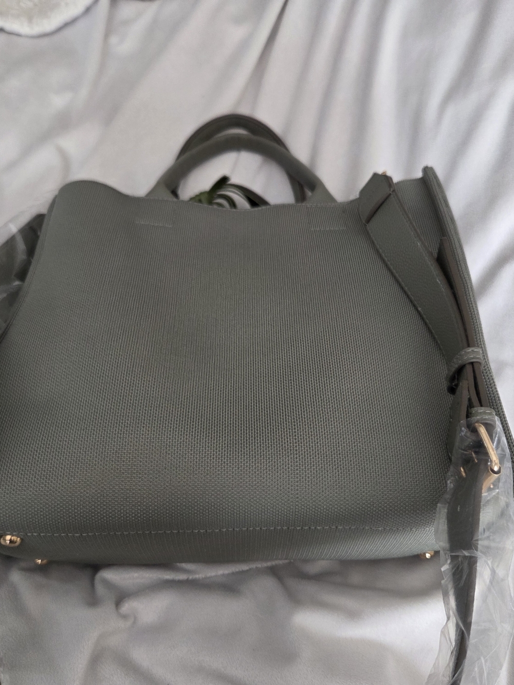 Nanette Lepore Gray Tote with White Floral Grid and Blue Charm - Picture 3 of 4